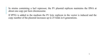 In strains containing a lacI repressor, the P1 plasmid replicon maintains the DNA at
about one copy per host chromosome.
If IPTG is added to the medium the P1 lytic replicon in the vector is induced and the
copy number of the plasmid increases up to 25 folds in 6 generations.
18
 