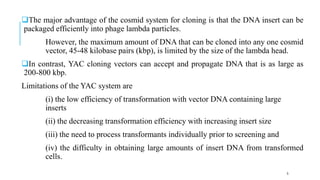 The major advantage of the cosmid system for cloning is that the DNA insert can be
packaged efficiently into phage lambda particles.
However, the maximum amount of DNA that can be cloned into any one cosmid
vector, 45-48 kilobase pairs (kbp), is limited by the size of the lambda head.
In contrast, YAC cloning vectors can accept and propagate DNA that is as large as
200-800 kbp.
Limitations of the YAC system are
(i) the low efficiency of transformation with vector DNA containing large
inserts
(ii) the decreasing transformation efficiency with increasing insert size
(iii) the need to process transformants individually prior to screening and
(iv) the difficulty in obtaining large amounts of insert DNA from transformed
cells.
5
 