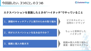 今回話したい、3つのこと。の３つめ
エクスパンションを意識したときの“ハイタッチ“でやっていること
１．課題のキャッチアップと実行のための取り組み
２．何がエクスパンションを生み出すのか？
３．組織と個人の動き方
ちょっと背伸びした
ハイタッチ
ビジネスレビュー
活用ロードマップ
組織⇔個人の取り組みと
兼業・兼任でのスクラム
 