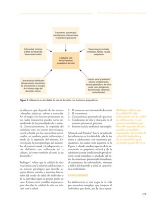 479
to diferente que depende de las normas
culturales, prácticas, valores y creencias.
Así el riesgo y los factores protectores en
los cuales transcurren pueden variar de-
pendiendo de las prioridades de la cultu-
ra. Consecuentemente, la respuesta del
individuo ante un evento determinado,
estará influida por las características cul-
turales, así también puede influenciar el
modo de la expresión del síntoma. De
este modo, la psicopatología del desarro-
llo, el proceso causal y la adaptación, se-
rán definidas con influencia de la
cultura, así como también el curso de su
desarrollo.24
Bullinger25
refiere que la calidad de vida
relacionada con la salud en adolescentes es
un proceso psicológico que describe as-
pectos físicos, sociales y mentales funcio-
nales del estado de salud del individuo y
de su actividad según su propio punto de
vista. Existen cinco variables importantes
para describir la calidad de vida en rela-
ción con la salud:
1. El trastorno con síntomas de deterioro
2. El tratamiento
3. Características personales del paciente
4. Condiciones de vida y educación en el
entorno psicosocial próximo
5. Entorno social y ambiental más amplio.
Schmeck and Poustka26
hacen mención de
las influencias en la calidad de vida de los
niños y adolescentes con trastornos psi-
quiátricos, los cuales están descritos en la
Figura 1, donde muchos aspectos de la in-
tervención en psiquiatría infantil y de la
adolescencia están condicionados por el en-
torno social inmediato o ampliado del ni-
ño, las situaciones psicosociales inmediatas,
el tratamiento, las enfermedades, síntomas
y déficit del desarrollo y sobre las caracterís-
ticas individuales.
CONCLUSIONES
La adolescencia es una etapa de la vida
por naturaleza compleja, que desajusta al
individuo; que duele, por la clara separa-
Desarrollo de la psicopatología en la adolescencia
Figura 1. Influencias en la calidad de vida de los niños con trastornos psiquiátricos.
Calidad de vida
en los trastornos
psiquiátricos del niño
Tratamiento: psicoterapia,
psicofármacos, intervenciones
en el entorno psicosocial
Enfermedad, síntomas
y déficit del desarrollo
(neuroconductuales)
Situaciones psicosociales
inmediatas, familia, escuela,
compañeros
Entorno social y ambiental
extenso (contaminación,
factores generadores de estrés
social, como inmigración,
discriminación, influencias
socioculturales)
Características individuales
(temperamento, mecanismos
de afrontamiento y concepto
de sí mismo; etapa del
desarrollo, mínimo
Bullinger refiere que
la calidad de vida
relacionada con la salud
en adolescentes es un
proceso psicológico que
describe aspectos físicos,
sociales y mentales
funcionales del estado de
salud del individuo y
de su actividad según
su propio punto de vista.
 