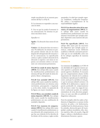 482
simple exacerbación de un trastorno pree-
xistente del Eje I o el Eje II.
D. Los síntomas no responden a una reac-
ción de duelo.
E. Una vez que ha cesado el estresante (o
sus consecuencias), los síntomas no per-
sisten más deseis meses .
Especificar si:
Agudo: si la alteración dura menos de seis
meses
Crónico: si la alteración dura seis meses o
más. Por definición, los síntomas no pue-
den persistir durante más de seis meses
después de la desaparición del estresante o
de sus consecuencias. La especificación
crónica se aplica cuando la duración de la
alteración es superior a seis meses en res-
puesta a un estresante crónico o un estre-
sante con consecuencias permanentes.
F43.20 Con estado de ánimo depresivo
[309.0]. Este subtipo debe usarse cuando
las manifestaciones predominantes son
síntomas del tipo del estado de ánimo de-
presivo, llanto o desesperanza.
F43.28 Con ansiedad [309.24]. Este
subtipo debe usarse cuando las manifesta-
ciones predominantes son síntomas como
nerviosismo, preocupación o inquietud;
o, en los niños, miedo a la separación de
las figuras con mayor vinculación.
F43.22 Mixto, con ansiedad y estado de
ánimo depresivo [309.28]. Este subtipo
debe usarse cuando las manifestaciones
predominantes son una combinación de
ansiedad y depresión.
F43.24 Con trastorno de comporta-
miento [309.3]. Este subtipo debe usarse
cuando la manifestación predominante es
una alteración del comportamiento, en la
que hay una violación de los derechos de
los demás o de las normas y reglas sociales
apropiadas a la edad (por ejemplo vagan-
cia, vandalismo, conducción irresponsa-
ble, peleas e incumplimiento de las
responsabilidades legales).
F43.25 Con alteración mixta de las emo-
ciones y el comportamiento [309.4]. Es-
te subtipo debe usarse cuando las
manifestaciones predominantes son tanto
síntomas emocionales (por ejemplo ansie-
dad y depresión) como trastorno del com-
portamiento.
F43.9 No especificado [309.9]. Este
subtipo debe usarse para las reacciones
des-adaptativas (por ejemplo quejas so-
máticas, aislamiento social, inhibición
académica o laboral) a estresantes psicoso-
ciales que no son clasificables como uno
de los subtipos específicos de trastorno
adaptativo.
CONDUCTA
Los trastornos de conducta en el CID-10
son abordados de la siguiente manera: pa-
trón repetitivo y persistente de conducta
asocial, agresiva o desafiante. Es necesario
que este comportamiento alcance niveles
importantes de violación de la conducta
socialmente esperada para la edad del pa-
ciente, razón por la cual debe ser más gra-
ve que la travesura infantil corriente o la
rebeldía de la adolescencia y suponer un
patrón perdurable de comportamiento
(de seis meses o más). Los rasgos de tras-
torno conductual pueden ser también
sintomáticos de otras afecciones psiquiá-
tricas, en cuyo caso debe ser preferido el
diagnóstico subyacente.
Entre los ejemplos sobre los cuales se fun-
damenta el diagnóstico se cuentan niveles
excesivos de pelea y de fanfarronería,
crueldad hacia las demás personas y hacia
los animales, destrucción grave de la pro-
piedad, conducta incendiaria, robo, men-
tira repetitiva, falta a la escuela y fuga del
hogar, y rabietas y desobediencia extraor-
dinariamente frecuentes y graves.
PAC PSIQUIATRÍA-4 ■ Libro 8
 