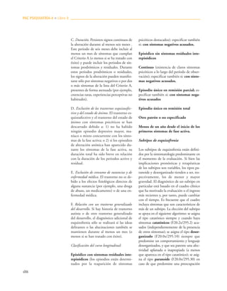 486
C. Duración. Persisten signos continuos de
la alteración durante al menos seis meses .
Este periodo de seis meses debe incluir al
menos un mes de síntomas que cumplan
el Criterio A (o menos si se ha tratado con
éxito) y puede incluir los periodos de sín-
tomas prodrómicos y residuales. Durante
estos periodos prodrómicos o residuales,
los signos de la alteración pueden manifes-
tarse sólo por síntomas negativos o por dos
o más síntomas de la lista del Criterio A,
presentes de forma atenuada (por ejemplo,
creencias raras, experiencias perceptivas no
habituales).
D. Exclusión de los trastornos esquizoafec-
tivo y del estado de ánimo. El trastorno es-
quizoafectivo y el trastorno del estado de
ánimo con síntomas psicóticos se han
descartado debido a: 1) no ha habido
ningún episodio depresivo mayor, ma-
níaco o mixto concurrente con los sínto-
mas de la fase activa; o 2) si los episodios
de alteración anímica han aparecido du-
rante los síntomas de la fase activa, su
duración total ha sido breve en relación
con la duración de los periodos activo y
residual.
E. Exclusión de consumo de sustancias y de
enfermedad médica. El trastorno no es de-
bido a los efectos fisiológicos directos de
alguna sustancia (por ejemplo, una droga
de abuso, un medicamento) o de una en-
fermedad médica.
F. Relación con un trastorno generalizado
del desarrollo. Si hay historia de trastorno
autista o de otro trastorno generalizado
del desarrollo, el diagnóstico adicional de
esquizofrenia sólo se realizará si las ideas
delirantes o las alucinaciones también se
mantienen durante al menos un mes (o
menos si se han tratado con éxito).
Clasificación del curso longitudinal:
Episódico con síntomas residuales inte-
repisódicos (los episodios están determi-
nados por la reaparición de síntomas
psicóticos destacados): especificar también
si: con síntomas negativos acusados.
Episódico sin síntomas residuales inte-
repisódicos
Continuo (existencia de claros síntomas
psicóticos a lo largo del período de obser-
vación); especificar también si: con sínto-
mas negativos acusados.
Episodio único en remisión parcial; es-
pecificar también si: con síntomas nega-
tivos acusados
Episodio único en remisión total
Otro patrón o no especificado
Menos de un año desde el inicio de los
primeros síntomas de fase activa.
Subtipos de esquizofrenia
Los subtipos de esquizofrenia están defini-
dos por la sintomatología predominante en
el momento de la evaluación. Si bien las
implicaciones pronósticas y terapéuticas
de los subtipos son variables, los tipos pa-
ranoide y desorganizado tienden a ser, res-
pectivamente, los de menor y mayor
gravedad. El diagnóstico de un subtipo en
particular está basado en el cuadro clínico
que ha motivado la evaluación o el ingreso
más recientes y, por tanto, puede cambiar
con el tiempo. Es frecuente que el cuadro
incluya síntomas que son característicos de
más de un subtipo. La elección del subtipo
se apoya en el siguiente algoritmo: se asigna
el tipo catatónico siempre y cuando haya
síntomas catatónicos (F20.2x/295.2) acu-
sados (independientemente de la presencia
de otros síntomas); se asigna el tipo desor-
ganizado (F20.0x/295.10) siempre que
predomine un comportamiento y lenguaje
desorganizados, y que sea patente una afec-
tividad aplanada o inapropiada (a menos
que aparezca en el tipo catatónico); se asig-
na el tipo paranoide (F20.0x/295.30) en
caso de que predomine una preocupación
PAC PSIQUIATRÍA-4 ■ Libro 8
 