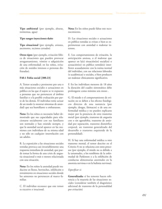 491
Tipo ambiental (por ejemplo, alturas,
tormentas, agua)
Tipo sangre-inyecciones-daño
Tipo situacional (por ejemplo, aviones,
ascensores, recintos cerrados)
Otros tipos (por ejemplo, evitación fóbi-
ca de situaciones que pueden provocar
atragantamiento, vómito o adquisición
de una enfermedad; en los niños, evita-
ción de sonidos intensos o personas dis-
frazadas).
F40.1 Fobia social [300.23]
A. Temor acusado y persistente por una o
más situaciones sociales o actuaciones en
público en las que el sujeto se ve expuesto
a personas que no pertenecen al ámbito
familiar o a la posible evaluación por par-
te de los demás. El individuo teme actuar
de un modo (o mostrar síntomas de ansie-
dad) que sea humillante o embarazoso.
Nota: En los niños es necesario haber de-
mostrado que sus capacidades para rela-
cionarse socialmente con sus familiares
son normales y han existido siempre, y
que la ansiedad social aparece en las reu-
niones con individuos de su misma edad
y no sólo en cualquier interrelación con
un adulto.
B. La exposición a las situaciones sociales
temidas provoca casi invariablemente una
respuesta inmediata de ansiedad, que pue-
de tomar la forma de una crisis de angus-
tia situacional o más o menos relacionada
con una situación.
Nota: En los niños la ansiedad puede tra-
ducirse en lloros, berrinches, inhibición o
retraimiento en situaciones sociales donde
los asistentes no pertenecen al marco fa-
miliar.
C. El individuo reconoce que este temor
es excesivo o irracional.
Nota: En los niños puede faltar este reco-
nocimiento.
D. Las situaciones sociales o actuaciones
en público temidas se evitan o bien se ex-
perimentan con ansiedad o malestar in-
tensos.
E. Los comportamientos de evitación, la
anticipación ansiosa, o el malestar que
aparece en la(s) situación(es) social(es) o
actuación(es) en público temida(s) inter-
fieren acusadamente con la rutina normal
del individuo, con sus relaciones laborales
(o académicas) o sociales, o bien producen
un malestar clínicamente significativo.
F. En los individuos menores de 18 años
la duración del cuadro sintomático debe
prolongarse como mínimo seis meses .
G. El miedo o el comportamiento de evi-
tación no se deben a los efectos fisiológi-
cos directos de una sustancia (por
ejemplo, drogas, fármacos) o de una en-
fermedad médica y no pueden explicarse
mejor por la presencia de otro trastorno
metal (por ejemplo, trastorno de angustia
con o sin agorafobia, trastorno de ansie-
dad por separación, trastorno dismórfico
corporal, un trastorno generalizado del
desarrollo o trastorno esquizoide de la
personalidad).
H. Si hay una enfermedad médica u otro
trastorno mental, el temor descrito en el
Criterio A no se relaciona con estos proce-
sos (por ejemplo, el miedo no es debido a
la tartamudez, a los temblores de la enfer-
medad de Parkinson o a la exhibición de
conductas alimentarias anormales en la
anorexia nerviosa o en la bulimia nerviosa).
Especificar si:
Generalizada: si los temores hacen refe-
rencia a la mayoría de las situaciones so-
ciales (considerar también el diagnóstico
adicional de trastorno de la personalidad
por evitación)
Trastornos propiamente dichos
 