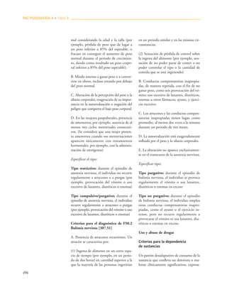 496
mal considerando la edad y la talla (por
ejemplo, pérdida de peso que da lugar a
un peso inferior a 85% del esperable, o
fracaso en conseguir el aumento de peso
normal durante el periodo de crecimien-
to, dando como resultado un peso corpo-
ral inferior a 85% del peso esperable).
B. Miedo intenso a ganar peso o a conver-
tirse en obeso, incluso estando por debajo
del peso normal.
C. Alteración de la percepción del peso o la
silueta corporales, exageración de su impor-
tancia en la autoevaluación o negación del
peligro que comporta el bajo peso corporal.
D. En las mujeres pospuberales, presencia
de amenorrea; por ejemplo, ausencia de al
menos tres ciclos menstruales consecuti-
vos. (Se considera que una mujer presen-
ta amenorrea cuando sus menstruaciones
aparecen únicamente con tratamientos
hormonales, por ejemplo, con la adminis-
tración de estrógenos)
Especificar el tipo:
Tipo restrictivo: durante el episodio de
anorexia nerviosa, el individuo no recurre
regularmente a atracones o a purgas (por
ejemplo, provocación del vómito o uso
excesivo de laxantes, diuréticos o enemas)
Tipo compulsivo/purgativo: durante el
episodio de anorexia nerviosa, el individuo
recurre regularmente a atracones o purgas
(por ejemplo, provocación del vómito o uso
excesivo de laxantes, diuréticos o enemas)
Criterios para el diagnóstico de F50.2
Bulimia nerviosa [307.51]
A. Presencia de atracones recurrentes. Un
atracón se caracteriza por:
(1) Ingesta de alimento en un corto espa-
cio de tiempo (por ejemplo, en un perio-
do de dos horas) en cantidad superior a la
que la mayoría de las personas ingerirían
en un periodo similar y en las mismas cir-
cunstancias.
(2) Sensación de pérdida de control sobre
la ingesta del alimento (por ejemplo, sen-
sación de no poder parar de comer o no
poder controlar el tipo o la cantidad de
comida que se está ingiriendo)
B. Conductas compensatorias inapropia-
das, de manera repetida, con el fin de no
ganar peso, como son provocación del vó-
mito; uso excesivo de laxantes, diuréticos,
enemas u otros fármacos; ayuno, y ejerci-
cio excesivo.
C. Los atracones y las conductas compen-
satorias inapropiadas tienen lugar, como
promedio, al menos dos veces a la semana
durante un periodo de tres meses.
D. La autoevaluación está exageradamente
influida por el peso y la silueta corporales.
E. La alteración no aparece exclusivamen-
te en el transcurso de la anorexia nerviosa.
Especificar tipo:
Tipo purgativo: durante el episodio de
bulimia nerviosa, el individuo se provoca
regularmente el vómito o usa laxantes,
diuréticos o enemas en exceso
Tipo no purgativo: durante el episodio
de bulimia nerviosa, el individuo emplea
otras conductas compensatorias inapro-
piadas, como el ayuno o el ejercicio in-
tenso, pero no recurre regularmente a
provocarse el vómito ni usa laxantes, diu-
réticos o enemas en exceso.
Uso y abuso de drogas
Criterios para la dependencia
de sustancias
Un patrón desadaptativo de consumo de la
sustancia que conlleva un deterioro o ma-
lestar clínicamente significativos, expresa-
PAC PSIQUIATRÍA-4 ■ Libro 8
 