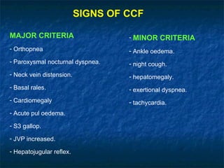 MAJOR CRITERIA
- Orthopnea
- Paroxysmal nocturnal dyspnea.
- Neck vein distension.
- Basal rales.
- Cardiomegaly
- Acute pul oedema.
- S3 gallop.
- JVP increased.
- Hepatojugular reflex.
SIGNS OF CCF
- MINOR CRITERIA
- Ankle oedema.
- night cough.
- hepatomegaly.
- exertional dyspnea.
- tachycardia.
 