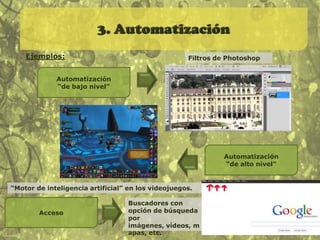 1. Representación numéricaLos objetos de los nuevos medios se originan en forma numérica en el ordenador. Muchos de ellos sufren una conversión a partir de diversas formas de viejos medios. DigitalizaciónEs la conversión de datos continuos en una representación numérica, y se compone de dos pasos:Toma de muestrasCuantificaciónLa frecuencia de muestreo se llama resoluciónConvierte los datos continuos en datos discretosSe le asigna un valor numérico a partir de una escala predefinida