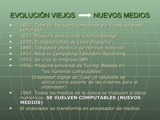 EVOLUCIÓN VIEJOS  NUEVOS MEDIOS 1800. Telar de Jacquard controlado por fichas de papel perforado 1833. Máquina analítica de Charles Babage 1839. El daguerrotipo de Louis Daguerre 1890. Tabulador eléctrico de Herman Hollerith 1914. Nace la Computing-Tabulatin- Recording 1924. Se crea la empresa IBM 1936. Máquina universal de Turing. Basada en  “ los números computables”   Ordenador digital de Zuse (el celuloide se  utiliza como soporte de las órdenes para el  ordenador) 1960. Todos los medios de la época se traducen a datos numéricos.  SE VUELVEN COMPUTABLES (NUEVOS MEDIOS) El ordenador se transforma en procesador de medios. 