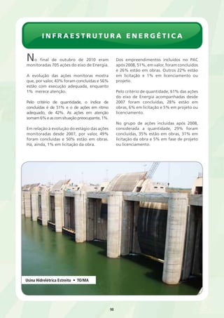 i n fraestrutura e n e r g é t ica 
98 
No final de outubro de 2010 eram 
monitoradas 705 ações do eixo de Energia. 
A evolução das ações monitoras mostra 
que, por valor, 43% foram concluídas e 56% 
estão com execução adequada, enquanto 
1% merece atenção. 
Pelo critério de quantidade, o índice de 
concluídas é de 51% e o de ações em ritmo 
adequado, de 42%. As ações em atenção 
somam 6% e as com situação preocupante, 1%. 
Em relação à evolução do estágio das ações 
monitoradas desde 2007, por valor, 49% 
foram concluídas e 50% estão em obras. 
Há, ainda, 1% em licitação da obra. 
Dos empreendimentos incluídos no PAC 
após 2008, 51%, em valor, foram concluídos 
e 26% estão em obras. Outros 22% estão 
em licitação e 1% em licenciamento ou 
projeto. 
Pelo critério de quantidade, 61% das ações 
do eixo de Energia acompanhadas desde 
2007 foram concluídas, 28% estão em 
obras, 6% em licitação e 5% em projeto ou 
licenciamento. 
No grupo de ações incluídas após 2008, 
considerada a quantidade, 29% foram 
concluídas, 35% estão em obras, 31% em 
licitação da obra e 5% em fase de projeto 
ou licenciamento. 
Usina Hidrelétrica Estreito • TO/MA 
 