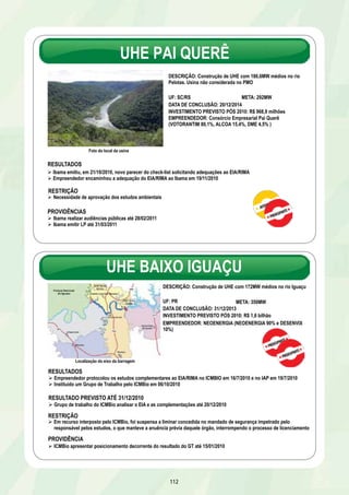 UHE PAI QUERÊ 
RESULTADOS 
Ø Ibama emitiu, em 21/10/2010, novo parecer do check-list solicitando adequações ao EIA/RIMA 
Ø Empreendedor encaminhou a adequação do EIA/RIMA ao Ibama em 19/11/2010 
RESTRIÇÃO 
112 
Foto do local da usina 
DESCRIÇÃO: Construção de UHE com 186,6MW médios no rio 
Pelotas. Usina não considerada no PMO 
UF: SC/RS META: 292MW 
DATA DE CONCLUSÃO: 20/12/2014 
INVESTIMENTO PREVISTO PÓS 2010: R$ 968,9 milhões 
EMPREENDEDOR: Consórcio Empresarial Pai Querê 
(VOTORANTIM 80,1%, ALCOA 15,4%, DME 4,5% ) 
Ø Necessidade de aprovação dos estudos ambientais 
PROVIDÊNCIAS 
Ø Ibama realizar audiências públicas até 28/02/2011 
Ø Ibama emitir LP até 31/03/2011 
UHE BAIXO IGUAÇU 
Localização do eixo da barragem 
DESCRIÇÃO: Construção de UHE com 172MW médios no rio Iguaçu 
UF: PR 
DATA DE CONCLUSÃO: 31/12/2013 
INVESTIMENTO PREVISTO PÓS 2010: R$ 1,6 bilhão 
EMPREENDEDOR: NEOENERGIA (NEOENERGIA 90% e DESENVIX 
10%) 
RESULTADOS 
Ø Empreendedor protocolou os estudos complementares ao EIA/RIMA no ICMBIO em 16/7/2010 e no IAP em 19/7/2010 
Ø Instituído um Grupo de Trabalho pelo ICMBio em 06/10/2010 
RESULTADO PREVISTO ATÉ 31/12/2010 
Ø Grupo de trabalho do ICMBio analisar o EIA e as complementações até 20/12/2010 
RESTRIÇÃO 
Ø Em recurso interposto pelo ICMBio, foi suspensa a liminar concedida no mandado de segurança impetrado pelo 
responsável pelos estudos, o que manteve a anuência prévia daquele órgão, interrompendo o processo de licenciamento 
PROVIDÊNCIA 
META: 350MW 
Ø ICMBio apresentar posicionamento decorrente do resultado do GT até 15/01/2010 
 