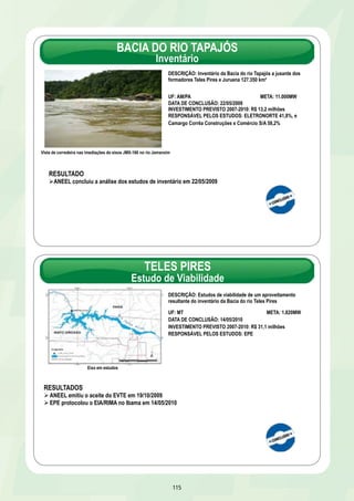 BACIA DO RIO TAPAJÓS 
Inventário 
DESCRIÇÃO: Inventário da Bacia do rio Tapajós a jusante dos 
formadores Teles Pires e Juruena 127.350 km² 
UF: AM/PA META: 11.000MW 
DATA DE CONCLUSÃO: 22/05/2009 
INVESTIMENTO PREVISTO 2007-2010: R$ 13,2 milhões 
RESPONSÁVEL PELOS ESTUDOS: ELETRONORTE 41,8%, e 
Camargo Corrêa Construções e Comércio S/A 58,2% 
115 
Vista de corredeira nas imediações do eixos JMX-166 no rio Jamanxim 
RESULTADO 
Ø ANEEL concluiu a análise dos estudos de inventário em 22/05/2009 
TELES PIRES 
Estudo de Viabilidade 
DESCRIÇÃO: Estudos de viabilidade de um aproveitamento 
resultante do inventário da Bacia do rio Teles Pires 
UF: MT META: 1.820MW 
DATA DE CONCLUSÃO: 14/05/2010 
INVESTIMENTO PREVISTO 2007-2010: R$ 31,1 milhões 
RESPONSÁVEL PELOS ESTUDOS: EPE 
Eixo em estudos 
RESULTADOS 
Ø ANEEL emitiu o aceite do EVTE em 19/10/2009 
Ø EPE protocolou o EIA/RIMA no Ibama em 14/05/2010 
 