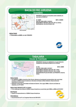 BACIA DO RIO JURUENA 
Inventário 
DESCRIÇÃO: Estudos de reinventário sendo realizados em 
uma área de 190.940 km2 
UF: AM/MT META: 5.000MW 
DATA DE CONCLUSÃO: 31/05/2010 
INVESTIMENTO PREVISTO 2007-2010: R$ 15,3 milhões 
RESPONSÁVEL PELOS ESTUDOS: EPE 
116 
Área de estudos 
RESULTADO 
Ø Protocolado na ANEEL no dia 31/05/2010 
TABAJARA 
Estudo de Viabilidade 
DESCRIÇÃO: Estudos de viabilidade de um aproveitamento 
resultante do reinventário da Bacia do rio Ji-Paraná 
UF: RO META: 350MW 
DATA DE CONCLUSÃO: 30/12/2011 
INVESTIMENTO PREVISTO 2007-2010: R$ 1 milhão 
INVESTIMENTO PREVISTO PÓS 2010: R$ 0,4 milhão 
RESPONSÁVEIS PELOS ESTUDOS: ELETRONORTE e Queiroz 
Galvão 
RESULTADOS 
Ø Em 26/09/2010, ICMBio encaminhou Nota Técnica referente ao levantamento socioeconômico das novas áreas 
incluídas no PARNA Campos Amazônicos à Secretaria de Estado do Meio Ambiente e Desenvolvimento 
Sustentável do Amazonas 
Ø Realizada reunião entre comunidade da Estrada do Estanho, Terra Legal, ICMBio e Governo do Estado do 
Amazonas, em 27/11/2010 
RESULTADO PREVISTO ATÉ 31/12/2010 
Ø PL de redefinição dos limites do PARNA Campos Amazônicos encaminhado pelo ICMBio ao MMA até 30/12/2010 
RESTRIÇÃO 
Ø Impacto do empreendimento no PARNA Campos Amazônicos 
PROVIDÊNCIA 
Ø Encaminhamento do PL ao Congresso Nacional até 28/01/2010 
 