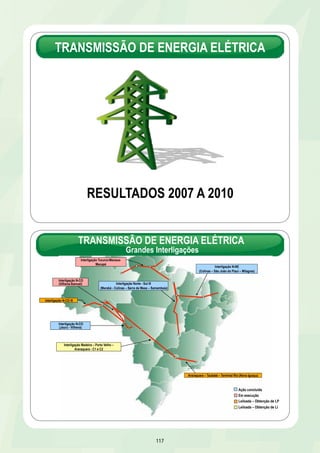 TRANSMISSÃO DE ENERGIA ELÉTRICA 
RESULTADOS 2007 A 2010 
TRANSMISSÃO DE ENERGIA ELÉTRICA 
Grandes Interligações 
117 
Ação concluída 
Em execução 
Leiloada – Obtenção de LP 
Leiloada – Obtenção de LI 
Interligação N-CO 
(Vilhena-Samuel) 
Interligação N-CO III 
Interligação Tucuruí-Manaus- 
Macapá 
Araraquara – Taubaté – Terminal Rio (Nova Iguaçu) 
Interligação N-CO 
(Jauru - Vilhena) 
Interligação Madeira – Porto Velho – 
Araraquara - C1 e C2 
Interligação Norte - Sul III 
(Marabá - Colinas – Serra da Mesa – Samambaia) 
Interligação N-NE 
(Colinas – São João do Piauí – Milagres) 
 