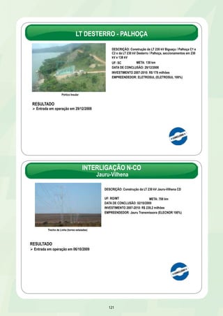 LT DESTERRO - PALHOÇA 
INTERLIGAÇÃO N-CO 
121 
Pórtico Insular 
DESCRIÇÃO: Construção da LT 230 kV Biguaçu / Palhoça C1 e 
C2 e da LT 230 kV Desterro / Palhoça, seccionamentos em 230 
kV e 138 kV 
UF: SC META: 130 km 
DATA DE CONCLUSÃO: 29/12/2008 
INVESTIMENTO 2007-2010: R$ 178 milhões 
EMPREENDEDOR: ELETROSUL (ELETROSUL 100%) 
RESULTADO 
Ø Entrada em operação em 29/12/2008 
DESCRIÇÃO: Construção da LT 230 kV Jauru-Vilhena CD 
UF: RO/MT META: 708 km 
DATA DE CONCLUSÃO: 02/10/2009 
INVESTIMENTO 2007-2010: R$ 239,2 milhões 
RESULTADO 
Ø Entrada em operação em 06/10/2009 
Jauru-Vilhena 
Trecho de Linha (torres estaiadas) 
EMPREENDEDOR: Jauru Transmissora (ELECNOR 100%) 
 