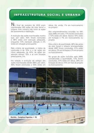 TERMINAL DE GNL – BAÍA DE GUANABARA 
DESCRIÇÃO: Implantação de um Píer de GNL, com dois 
braços de carregamento, nas proximidades do píer secundário 
do Terminal da Ilha Dágua, na Baía da Guanabara – RJ 
UF: RJ META: 14 milhões m³/dia de gás 
DATA DE INÍCIO DA OPERAÇÃO: 30/04/2009 
INVESTIMENTO PREVISTO 2007-2010: R$ 2,1 bilhões 
EMPREENDEDOR: Petrobras 
COMPOSIÇÃO ACIONÁRIA: Petrobras 100% 
148 
Vista geral do píer 
RESULTADO 
Ø Operação comercial iniciada em 30/04/2009 
GASODUTO URUCU-COARI-MANAUS 
DESCRIÇÃO: Permitirá escoar a produção de gás natural dos 
polos de Urucu e Juruá, para atendimento do mercado do AM, 
principalmente para a geração de energia elétrica 
UF: AM META: 661 km de duto 
DATA DE INÍCIO DA OPERAÇÃO: 02/10/2009 
INVESTIMENTO PREVISTO 2007-2010: R$ 4 bilhões 
EMPREENDEDOR: Petrobrás 
COMPOSIÇÃO ACIONÁRIA: Petrobrás 100% 
Faixa do duto já recomposta 
RESULTADO 
Ø Iniciada a operação em 02/10/2009 
 