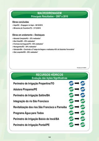 METRÔ DE SALVADOR 
Acesso Norte a Pirajá 
DESCRIÇÃO: Implantação completa do trecho Acesso Norte até 
Pirajá, com 6,1 km de extensão, sendo 1,4 km em elevado e 4,7 km 
em superfície, 3 estações, sendo 1 com integração e aquisição de 6 
trens elétricos de 4 carros 
UF: BA META: 6,1 km 
DATA DE CONCLUSÃO: 31/12/2012 
INVESTIMENTO PREVISTO 2007-2012: R$ 220 milhões 
EXECUTOR: Companhia de Transporte de Salvador – CTS 
RESULTADOS 
Ø Obra paralisada, com avanço físico acumulado de 7,5% 
Ø Celebrado convênio com o DEC – Depto. de Eng. e Construção do Ministério da Defesa para elaboração de 
orçamento detalhado da obra, determinado no item 9.3.1 do Acórdão 2.873/2008-TCU, em 03/02/2010 
RESTRIÇÕES 
Ø Execução suspensa aguardando detalhamento orçamentário determinado pelo TCU 
Ø A CTS solicitou prorrogação ao TCU para apresentar o orçamento detalhado da obra, até 31/03/2011 
PROVIDÊNCIA 
Ø DEC deve concluir o orçamento detalhado, incluindo nova demanda do TCU, até 31/03/2011 
163 
Elevado do Juá 
Abastecimento de Água Manaus • AM 
 