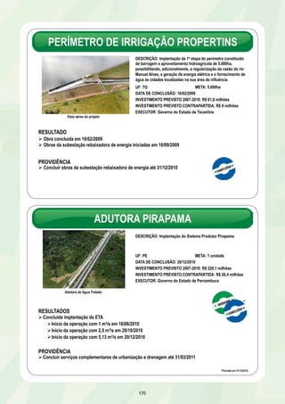 RECURSOS HÍDRICOS 
RESULTADOS 2007 A 2010 
SÃO FRANCISCO – INTEGRAÇÃO E REVITALIZAÇÃO 
164 
Ramal do Agreste/PE 
Revitalização das Bacias dos rios São 
Francisco e Parnaíba 
Navegabilidade do rio São Francisco 
Esgotamento Sanitário 
Processos Erosivos 
Resíduos Sólidos 
Eixo de Integração do Castanhão/CE 
Trecho V 
Eixo de Integração Orós-Feiticeiro/CE 
Adutora do Oeste/PE 
Programa Água para Todos 
AL / BA / MG / PE / SE 
EIXO NORTE 
EIXO LESTE 
Canal do Sertão Alagoano/AL 
Eixo de Integração do Castanhão/CE 
Trecho IV 
Eixo de Integração do Castanhão/CE 
Trechos II e III 
Ação concluída 
Em execução 
Em licitação 
Ação preparatória 
 