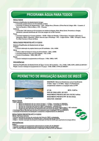 PROJETO DE INTEGRAÇÃO DO RIO SÃO FRANCISCO COM AS BACIAS 
DO NORDESTE SETENTRIONAL – EIXO LESTE 
RESULTADOS PREVISTOS ATÉ 31/12/2010 
Ø Realizar 80% da obra 
Ø Concluir lote C do projeto executivo 
Ø Concluir lote D do projeto executivo até 20/03/2011 
Ø Concluir fornecimento de motobombas da EB1 e EB2 até 10/02/2011 
Ø Concluir obras civis dos lotes 9, 10, 11, 12 e 13 até 30/06/2011 
Ø Concluir instalação e comissionamento dos equipamentos do lote 13 até 30/06/2011 
INVESTIMENTO PREVISTO PÓS 2010: R$ 1,1 bilhão 
172 
PROVIDÊNCIAS 
PROJETO DE INTEGRAÇÃO DO RIO SÃO FRANCISCO COM AS BACIAS 
DO NORDESTE SETENTRIONAL – EIXO NORTE 
DESCRIÇÃO: Construção de Canal – Trechos I e II, estações de 
bombeamento, reservatórios, túneis e aquedutos. Captação no 
Município de Cabrobó/PE 
UF: PE/CE/PB/RN META: 402 km 
DATA DE CONCLUSÃO: 31/12/2012 
INVESTIMENTO PREVISTO 2007-2010: R$ 1,8 bilhão 
Lote 14 – Túnel Cuncas I 
RESULTADOS 
EXECUTOR: Ministério da Integração Nacional 
Ø 47% realizados do total do Eixo Norte 
Ø Exército – 75% realizados do canal de aproximação de 2,1 km e 85% da Barragem de Tucutu 
Ø Lote 1 – 82% realizados 
Ø Lote 2 – 52% realizados 
Ø Lote 3 – 15% realizados 
Ø Lote 4 – 10% realizados 
Ø Lote 6 – 36% realizados 
Ø Lote 7 – 17% realizados 
Ø Lote 14 – 4% realizados 
Ø Concluída fabricação de 60% dos equipamentos hidromecânicos e 70% dos conjuntos de motobombas 
Ø Publicado edital de licitação dos lotes 5 e 8 em 28/09/2010 
Ø Realizados 25% das subestações e 30% das linhas de transmissão 
Ø Concluído Lote B do projeto executivo em 23/11/2010 
 