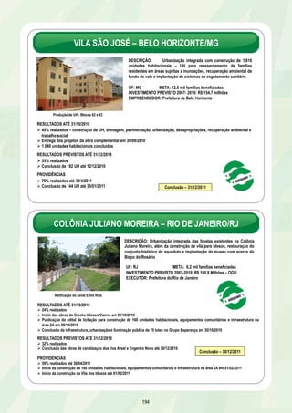 HABITAÇÃO 
Evolução das ações significativas 
Billings-Guarapiranga – São Paulo/SP 
Complexo do Alemão – Rio de Janeiro/RJ 
Bacia do Beberibe – Olinda, Camaragibe e Recife/PE 
Ribeirão Arrudas – Contagem e Belo Horizonte/MG 
Rocinha 1ª e 2ª etapas – Rio de Janeiro/RJ 
Heliópolis – São Paulo/SP 
Pedreira Prado Lopes e Aglomerado Morro das Pedras – Belo Horizonte/MG 
Vila São José – Belo Horizonte/MG 
Colônia Juliano Moreira – Rio de Janeiro/RJ 
Bacia do Maranguapinho – Fortaleza e Maracanaú/CE 
Paraisópolis – São Paulo/SP 
Conjunto Habitacional Bairro Santa Maria Codipi – Teresina/PI 
Margem Esquerda do Rio Anil – São Luís/MA 
Via Mangue – Recife/PE 
Vila do Mar – Fortaleza/CE 
Nossa Senhora da Apresentação – Natal/RN 
Guarituba – Piraquara/PR 
Vale do Reginaldo – Maceió/AL 
Arroio Cadena e Vacacaí-Mirim – Santa Maria/RS 
Maciço do Morro da Cruz – Florianópolis/SC 
Vila da Barca 3ª etapa – Belém/PA 
Falha Geológica 1ª e 2ª etapas – Salvador/BA 
Vilas Dique e Nazaré – Porto Alegre/RS 
Estrutural Terracap – Brasília/DF 
BILLINGS-GUARAPIRANGA – SÃO PAULO/SP 
DESCRIÇÃO: Urbanização Integrada de Favelas nas Represas Billings e Guarapiranga, 
em 45 áreas, com recuperação ambiental dos mananciais. Implantação de sistema de 
esgotamento sanitário elevatórias e coletores-tronco. Construção de 5.340 habitações 
e melhorias em 44.343 unidades habitacionais – UH 
UF: SP META: 44,9 mil famílias beneficiadas 
INVESTIMENTO PREVISTO 2007-2010: R$ 873,8 milhões 
RESULTADOS ATÉ 31/10/2010 
46% de execução global 
OGU 
54% realizados – obras de urbanização em 32 áreas de intervenção e construção de 407 UH no núcleo Mata Virgem 
FINANCIAMENTO 
Entrega dos projetos das áreas de Capão Redondo D em 29/10/2010 
RESULTADOS PREVISTOS ATÉ 31/12/2010 
49% de execução global 
OGU 
57% realizados 
188 
OGU: R$ 743,2 milhões 
Financiamento: R$ 130,6 milhões 
EXECUTORES: Governo do Estado de São Paulo – CDHU, SABESP e Prefeitura de São Paulo 
Parque Linear – Cantinho do Céu 
 