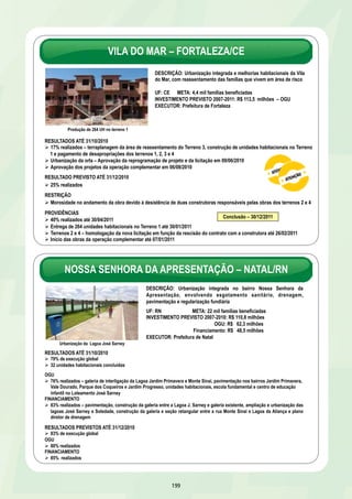 HELIÓPOLIS – SÃO PAULO/SP 
DESCRIÇÃO: Urbanização integrada da favela de Heliópolis com produção 
de 1.427 unidades habitacionais – UH, consolidação geotécnica e 
recuperação ambiental 
UF: SP META: 15,6 mil famílias beneficiadas 
INVESTIMENTO PREVISTO 2007-2010: R$ 203 milhões – OGU 
EXECUTOR: Prefeitura de São Paulo 
RESULTADOS ATÉ 31/10/2010 
47% realizados – obras de urbanização e produção de 861 unidades habitacionais na 1ª etapa da Gleba K 
RESULTADOS PREVISTOS ATÉ 31/12/2010 
50% realizados 
Início das obras da 2ª etapa da Gleba G em 15/12/2010 
PROVIDÊNCIAS 
60% realizados até 30/04/2011 
Aprovação do projeto da 1ª e da 2ª etapas Gleba K no Parsolo e obtenção do novo protocolo do Graprohab até 07/01/2011 
Início das obras da 2ª etapa da Gleba K em 30/1/2011 
Previsão de entrega das 861 UH da 1ª etapa da Gleba K até 30/3/2011 
193 
Conclusão – 30/12/2012 
Provisão de 440 UH – Gleba K1 
PEDREIRA PRADO LOPES E AGLOMERADO MORRO DAS 
PEDRAS - BELO HORIZONTE/MG 
DESCRIÇÃO: Urbanização integrada da favela Pedreira Prado 
Lopes e do Aglomerado Morro das Pedras, com construção ou 
aquisição de 1.117 unidades habitacionais – UH 
UF: MG META: 7 mil famílias beneficiadas 
INVESTIMENTO PREVISTO 2007-2010: R$ 162,3 milhões - 
Financiamento 
EMPREENDEDOR: Prefeitura de Belo Horizonte 
Produção de 72 UH - Pedreira Prado Lopes 
RESULTADOS ATÉ 31/10/2010 
62% realizados – produção de UH, drenagem, esgotamento sanitário, pavimentação, urbanização, desapropriações, 
equipamentos comunitários e trabalho social 
Intervenção Conclusão 
RESULTADOS PREVISTOS ATÉ 31/12/2010 
67% realizados 
Pedreira Prado Lopes 28/02 /2012 
Pedreira Prado Lopes – 61% realizados 
Morro das Pedras 30/06 /2012 
Conclusão de 72 UH até 31/12/2010 
Morro das Pedras – 69% realizados 
Conclusão de 152 UH até 31/12/2010 
PROVIDÊNCIAS 
80% realizados até 30/04/2011 
Previsão de homologação da licitação de obras complementares de infraestrutura até 15/12/2010 
Entrega de 200 UH até 30/03/2011 
 