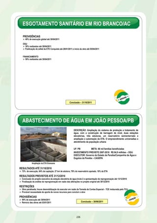 ESGOTAMENTO SANITÁRIO NA RM DE BELO HORIZONTE/MG 
220 
RESULTADO PREVISTO ATÉ 31/12/2010 
Ø 82% de execução global 
Municípios Conclusão 
Lagoa Santa 13/12/2010 
Matozinhos/Capim Branco 14/12/2010 
Vespasiano 15/12/2010 
PROVIDÊNCIA 
Ø 92% de execução global até 30/04/2011 
Municípios Conclusão 
Belo Horizonte 01/03/2012 
Betim 01/03/2012 
Contagem 01/06/2011 
Esmeraldas 01/07/2011 
Nova Lima 30/12/2012 
Pedro Leopoldo e Confins 01/07/2011 
Ribeirão das Neves 01/03/2011 
Santa Luzia 01/07/2011 
DESPOLUIÇÃO DA BAÍA DE TODOS OS SANTOS/BA 
DESCRIÇÃO: Ampliação e melhoria dos sistemas de esgotamento sanitário em 
12 municípios da Baía de Todos os Santos – rede coletora, ramais prediais, 
ligações intradomiciliares, estações elevatórias, linhas de recalque, emissários e 
estações de tratamento 
UF: BA META: 148,2 mil famílias beneficiadas 
INVESTIMENTO PREVISTO 2007-2010: R$ 383,9 milhões 
OGU: R$ 192,6 milhões 
Financiamento: R$ 191,3 milhões 
EXECUTOR: Governo do Estado da Bahia – Empresa Baiana de Águas e 
Saneamento – EMBASA 
RESULTADOS ATÉ 31/10/2010 
Ø 40% de execução global* 
OGU 
Ø 40% realizados – Candeias, Salvador, Simões Filho e Vera Cruz 
Ø Início das obras do SES de Simões Filho em 31/10/2010 
FINANCIAMENTO 
Ø 40% realizados – Cachoeira, Itaparica, Madre de Deus, Maragogipe, Muritiba, Salvador, Santo Amaro, 
São Félix e São Francisco do Conde 
Ø Conclusão do SES São Félix em 15/05/2010 
Ø Obtenção das autorizações da DER-BA/DNIT para execução de 16 travessias em 25/05/2010 
Ø Reinício das obras de São Francisco do Conde em 09/07/2010 
Ø Reinício das obras de Maragogipe em 04/08/2010 e de Santo Amaro em 19/10/2010 
Municípios Investimento 
R$ milhões 
Salvador 205,4 
Candeias 39,8 
Vera Cruz 38,6 
Simões Filho 29,9 
Maragogipe 11,9 
Muritiba 14,6 
Sto. Amaro 9,5 
Itaparica 9,8 
Cachoeira 8,8 
S. Fco. do Conde 7,2 
Madre de Deus 6,8 
São Felix 1,7 
Reator da ETE de Vera Cruz 
* Considera o aumento no valor de investimento 
 