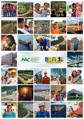 ESGOTAMENTO SANITÁRIO EM FORTALEZA/CE 
DESCRIÇÃO: Implantação e ampliação do sistema de esgotamento 
sanitário de Fortaleza para atender as Bacias dos Rios Siqueira e Cocó 
– o empreendimento eleva a cobertura de coleta e tratamento de 52% 
para 63% 
UF: CE META: 150,3 mil famílias beneficiadas 
INVESTIMENTO PREVISTO 2007-2011: R$ 204,5 milhões 
228 
OGU: R$ 81,4 milhões 
Financiamento: R$ 123,1 milhões 
EXECUTOR: Governo do Estado do Ceará/Companhia de Água e 
Esgoto do Ceará – CAGECE 
Assentamento de poço de visita Av. Osório de Paiva – Bacia SE-2 
RESULTADOS ATÉ 31/10/2010 
Ø 16% de execução global 
OGU – 40% realizados – Rede coletora, ligações domiciliares e ligações intradomiciliares 
FIN – Conclusão da análise das licitações das Bacias CE-4 e CE-5 em 30/08/2010 
RESULTADOS PREVISTOS ATÉ 31/12/2010 
Ø 23% de execução global 
OGU – 51% realizados 
FINANCIAMENTO 
Ø Conclusão da análise das licitações das Bacias CD-1, CD-2 e CD-3 até 15/12/2010 
Ø Apresentação da titularidade da área restante da Bacia CE-4 até 15/12/2010 
Ø Rescisão do contrato das obras da Bacia CD-3 para convocação da 2ª colocada ou realização de nova licitação até 30/12/2010 
Conclusão – 30/08/2012 
ESGOTAMENTO SANITÁRIO EM FORTALEZA/CE 
RESTRIÇÕES 
Ø Dificuldades na aprovação da reprogramação do projeto de engenharia das Bacias CE-6, SD-8, CD-1, CD-2, CE-4 e CE-5 
Ø Indecisão da CAGECE sobre execução das obras das Bacias CD-1 e CD-2 com os recursos do PAC ou recursos do BID 
PROVIDÊNCIAS 
Ø 47% de execução global até 30/04/2011 
OGU 
Ø 72% realizados até 30/04/2011 
Ø Conclusão da análise dos projetos de engenharia e das licitações das Bacias SD-8 e CE-6 até 15/01/2011 
Ø Início das obras da Bacia CE-6 e SD-8 até 28/01/2011 
FINANCIAMENTO 
Ø Início de obra até 31/03/2011 
Conclusão – 30/08/2012 
 