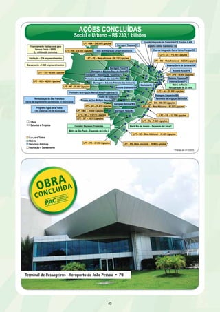AÇÕES CONCLUÍDAS 
Social e Urbano – R$ 230,1 bilhões 
LPT – MA – 249.000 Ligações 
LPT – PA – 236.050 Ligações Eixo de Integração Orós-Feiticeiro/CE 
LPT – PE – Meta adicional – 98.132 Ligações 
LPT – TO – 40.000 Ligações 
Barragem Piaus/PII 
Barragem e Adutora Poço de Marruá/PI 
Drenagem – Miracema do Tocantins/TO 
Perímetro de Irrigação São João/TO 
LPT – MT – 92.662 Ligações Marituba/AL 
40 
LPT – MS – 20.540 Ligações 
Financiamento Habitacional para 
Pessoa Física e SBPE 
2,2 milhões de contratos 
Habitação – 374 empreendimentos 
Saneamento – 1.225 empreendimentos 
Revitalização do São Francisco 
Obras de esgotamento sanitário em 23 municípios 
Programa Água para Todos 
7.945 cisternas em 54 municípios 
Luz para Todos 
Metrôs 
Recursos Hídricos 
Habitação e Saneamento 
Eixo de Integração do Castanhão/CE Trechos II e III 
Eixo de Integração Curral Velho-Pacajus/CE 
LPT – CE – 112.000 Ligações 
LPT – RN – Meta Adicional – 52.525 Ligações 
LPT – PB – 46.950 Ligações 
Sistema Pirapama/PE 
Sistema Gurjaú/PE 
LPT – AL – 53.500 Ligações 
LPT – ES – 12.729 Ligações 
Barragem Taquara/CE 
Adutora Guanambí/BA 
LPT – SC – Meta Adicional - 41.429 Ligações 
* 
* 
* 
LPT – GO – 35.415 Ligações 
* Previsto em 31/12/2010 
Obra 
Estudos e Projetos 
LPT – RS –Meta Adicional - 85.960 Ligações 
LPT – MG – 113.178 Ligações 
LPT – PR – 37.050 Ligações 
LPT – RJ – 7.620 Ligações 
LPT – SP – 34.101Ligações 
Corredor Expresso Tiradentes 
Sistema Serra de Santana/RN 
Metrô Rio de Janeiro – Expansão da Linha 1 
Adutora Acauã/PB 
LPT – BA – 360.707 Ligações 
LPT – SE – Meta Adicional - 61.557 Ligações 
Barragem Setúbal/MG 
Metrô de São Paulo - Expansão da Linha 2 
Metrô de Recife – 
Recuperação de 25 trens 
Barragem Gasparino/BA 
Perímetro de Irrigação Salitre/BA 
Barragem Peão/MG 
Sistema adutor Ibaretama / CE 
Perímetro de Irrigação Manuel Alves/Propertins/TO 
Flores de Goiás/GO 
LPT – RO – 48.265 Ligações 
Barragem e Adutora Palmeira dos Índios/AL 
Projeto de Uso Múltiplo Jequitaí/MG 
Terminal de Passageiros - Aeroporto de João Pessoa • PB 
 