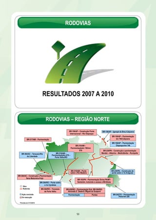 RODOVIAS 
RESULTADOS 2007 A 2010 
RODOVIAS – REGIÃO NORTE 
BR-156/AP – Construção Ponte 
Internacional – Rio Oiapoque 
BR-319/AM – 
Pavimentaçãokm 198-km 
BR-319/AM – Ponte 
sobre o Rio Madeira 
53 
BR-156/AP – Pavimentação 
BR-317/AM – Pavimentação km 746-Calçoene 
BR-364/AC – Construção e Pavimentação 
Sena Madureira-Feijó 
BR-364/RO – Travessia 
de Porto Velho 
679 
BR-163/PA – Pavimentação Divisa PA/MT-Santarém, 
incluindo o acesso a Miritituba 
BR-364/AC – Tarauacá-Rio 
da Liberdade 
BR-364/RO – Ponte sobre 
o rio Candeias 
BR-429/RO – Pavimentação Entr. BR-364/RO-Alvorada 
DOeste-S. Miguel do Guaporé 
Obra 
Rodovias 
Ação concluída 
Em execução 
BR-156/AP – Igarapé do Breu-Calçoene 
BR-156/AP – Pavimentação 
Oiapoque-km 746 
BR-319/AM – 
Pavimentaçãokm 679 – 
Porto Velho/RO 
BR-230/PA – Construção e pavimentação 
Marabá – Altamira – Medicilândia – Rurópolis 
BR-230/PA – Construção de 
ponte sobre o rio Araguaia 
BR-242/TO – Pavimentação 
Peixe-km 226 
*Previsão em 31/12/2010 
* Pavimentação Pontes 
 