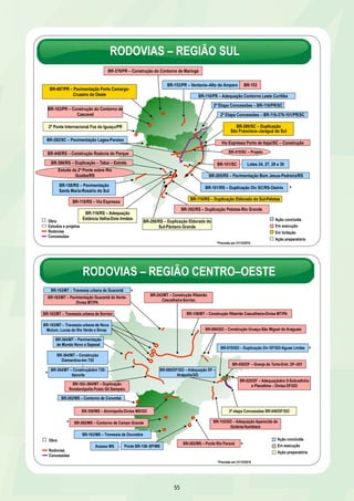 RODOVIAS – REGIÃO SUL 
BR-376/PR – Construção do Contorno de Maringá 
BR-487/PR – Pavimentação Porto Camargo- 
Cruzeiro do Oeste 
BR-448/RS – Construção Rodovia do Parque BR-470/SC – Projeto 
55 
BR-285/RS – Pavimentação Bom Jesus-Pedreira/RS 
BR-392/RS – Duplicação Pelotas-Rio Grande 
BR-163/PR – Construção do Contorno de 
Cascavel 
2ª Ponte Internacional Foz do Iguaçu/PR 
BR-386/RS – Duplicação – Tabaí – Estrela 
BR-116/RS – Via Expressa 
BR-153/PR – Ventania–Alto do Amparo BR-153 
BR-116/PR – Adequação Contorno Leste Curitiba 
BR-282/SC – Pavimentação Lages-Paraíso 
2ª Etapa Concessões – BR-116/PR/SC 
2ª Etapa Concessões – BR-116-376-101/PR/SC 
BR-158/RS – Pavimentação 
Santa Maria-Rosário do Sul 
BR-290/RS – Duplicação Eldorado do 
Sul-Pântano Grande 
BR-101/RS – Duplicação Div SC/RS-Osório 
Ação concluída 
Em execução 
Em licitação 
Ação preparatória 
Obra 
Estudos e projetos 
Rodovias 
Concessões 
BR-280/SC – Duplicação 
São Francisco–Jaraguá do Sul 
Via Expressa Porto de Itajaí/SC – Construção 
BR-116/RS – Duplicação Eldorado do Sul-Pelotas 
Estudo da 2ª Ponte sobre Rio 
Guaíba/RS 
* 
BR-116/RS – Adequação 
Estância Velha-Dois Irmãos 
BR-101/SC Lotes 24, 27, 28 e 30 
*Previsão em 31/12/2010 
RODOVIAS – REGIÃO CENTRO–OESTE 
BR-163/MT – Travessia urbana de Guarantã * 
BR-163/MT – Pavimentação Guarantã do Norte- 
BR-163/MT – Travessia urbana de Sorriso 
BR-163/MT – Travessia urbana de Nova 
Mutum, Lucas do Rio Verde e Sinop 
BR-364/MT – Pavimentação 
de Mundo Novo a Sapezal 
BR-364/MT – Construção 
Diamantino-km 720 
BR-364/MT – Construçãokm 720- 
Itanorte 
BR-262/MS – Contorno de Corumbá 
BR-359/MS – Alcinópolis-Divisa MS/GO 
BR-242/MT – Construção Ribeirão 
Cascalheira-Sorriso 
BR-158/MT – Construção Ribeirão Cascalheira-Divisa MT/PA 
BR-163–364/MT – Duplicação 
Rondonópolis-Posto Gil Sampaio 
BR-080/GO – Construção Uruaçu-São Miguel do Araguaia 
BR-070/GO – Duplicação Div DF/GO-Águas Lindas 
BR-060/DF/GO – Adequação DF – 
Anápolis/GO 
BR-450/DF – Granja do Torto-Entr. DF–051 
BR-020/DF – Adequaçãokm 0-Sobradinho 
e Planaltina – Divisa DF/GO 
3ª etapa Concessões BR-040/DF/GO 
BR-153/GO – Adequação Aparecida de 
Goiânia-Itumbiara 
BR-262/MS – Contorno de Campo Grande 
Acesso MS Ponte BR-158–SP/MS 
Ação concluída 
Em execução 
Ação preparatória 
Obra 
Rodovias 
Concessões 
BR-163/MS – Travessia de Dourados 
BR-262/MS – Ponte Rio Paraná 
* 
* 
* 
Divisa MT/PA 
*Previsão em 31/12/2010 
* 
 