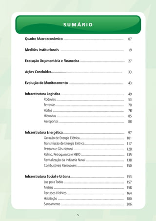 Sumário 
Quadro Macroeconômico ....................................................................... 
Medidas Institucionais ........................................................................... 
Execução Orçamentária e Financeira...................................................... 
Ações Concluídas................................................................................... 
Evolução do Monitoramento ................................................................. 
Infraestrutura Logística............................................................................ 
Rodovias ................................................................................ 
Ferrovias ................................................................................ 
Portos .................................................................................... 
Hidrovias ................................................................................ 
Aeroportos ............................................................................. 
Infraestrutura Energética......................................................................... 
Geração de Energia Elétrica..................................................... 
Transmissão de Energia Elétrica............................................... 
Petróleo e Gás Natural ........................................................... 
Refino, Petroquímica e HBIO ................................................... 
Revitalização da Indústria Naval ............................................. 
Combustíveis Renováveis ...................................................... 
Infraestrutura Social e Urbana................................................................ 
Luz para Todos ....................................................................... 
Metrôs ................................................................................... 
Recursos Hídricos ................................................................... 
Habitação .............................................................................. 
Saneamento ........................................................................... 
5 
07 
19 
27 
33 
43 
49 
53 
70 
78 
85 
88 
97 
101 
117 
128 
135 
138 
150 
153 
157 
158 
164 
180 
206 
 