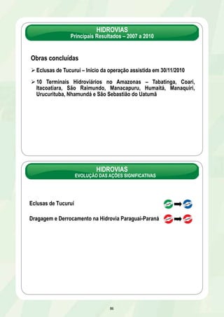 HIDROVIAS 
Principais Resultados – 2007 a 2010 
Obras concluídas 
Ø Eclusas de Tucuruí – Início da operação assistida em 30/11/2010 
Ø 10 Terminais Hidroviários no Amazonas – Tabatinga, Coari, 
Itacoatiara, São Raimundo, Manacapuru, Humaitá, Manaquiri, 
Urucurituba, Nhamundá e São Sebastião do Uatumã 
HIDROVIAS 
EVOLUÇÃO DAS AÇÕES SIGNIFICATIVAS 
Eclusas de Tucuruí 
Dragagem e Derrocamento na Hidrovia Paraguai-Paraná 
86 
C 
C 
 
