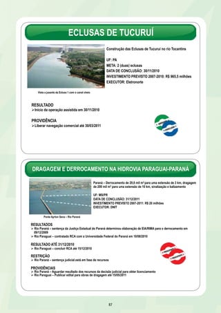 ECLUSAS DE TUCURUÍ 
Construção das Eclusas de Tucuruí no rio Tocantins 
UF: PA 
META: 2 (duas) eclusas 
DATA DE CONCLUSÃO: 30/11/2010 
INVESTIMENTO PREVISTO 2007-2010: R$ 965,5 milhões 
EXECUTOR: Eletronorte 
DRAGAGEM E DERROCAMENTO NA HIDROVIA PARAGUAI-PARANÁ 
87 
Vista a jusante da Eclusa 1 com o canal cheio 
RESULTADO 
Ø Início da operação assistida em 30/11/2010 
PROVIDÊNCIA 
Ø Liberar navegação comercial até 30/03/2011 
Paraná – Derrocamento de 29,6 mil m3 para uma extensão de 3 km, dragagem 
de 200 mil m3 para uma extensão de 10 km, sinalização e balizamento 
UF: MS/PR 
DATA DE CONCLUSÃO: 31/12/2011 
INVESTIMENTO PREVISTO 2007-2011: R$ 20 milhões 
EXECUTOR: DNIT 
Ponte Ayrton Sena – Rio Paraná 
RESULTADOS 
Ø Rio Paraná – sentença da Justiça Estadual do Paraná determinou elaboração de EIA/RIMA para o derrocamento em 
09/12/2009 
Ø Rio Paraguai – contratado RCA com a Universidade Federal do Paraná em 10/08/2010 
RESULTADO ATÉ 31/12/2010 
Ø Rio Paraguai – concluir RCA até 15/12/2010 
RESTRIÇÃO 
Ø Rio Paraná – sentença judicial está em fase de recursos 
PROVIDÊNCIAS 
Ø Rio Paraná – Aguardar resultado dos recursos da decisão judicial para obter licenciamento 
Ø Rio Paraguai – Publicar edital para obras de dragagem até 15/05/2011 
 