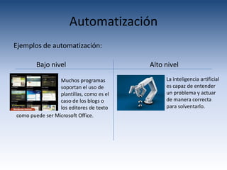 Automatización
Ejemplos de automatización:

        Bajo nivel                        Alto nivel

                 Muchos programas              La inteligencia artificial
                 soportan el uso de            es capaz de entender
                 plantillas, como es el        un problema y actuar
                 caso de los blogs o           de manera correcta
                 los editores de texto         para solventarlo.
como puede ser Microsoft Office.
 