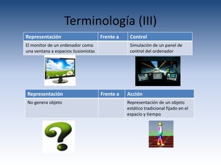 Terminología (III)
Representación                        Frente a    Control
El monitor de un ordenador como                   Simulación de un panel de
una ventana a espacios ilusionistas               control del ordenador




Representación                        Frente a   Acción
No genera objeto                                 Representación de un objeto
                                                 estático tradicional fijado en el
                                                 espacio y tiempo
 
