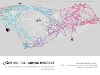 Interface designs for cultural analytics research environment. Concept: Lev Manovich and jeremy Douglass. Graphic design: Sergie Magdalin and Bob Li.




¿Qué son los nuevos medios?                                                                                                  Javier Rodríguez Sánchez
                                                                                          PAC 1, Fundamentos y evolución del multimedia
 El lenguaje de los nuevos medios de comunicación                                                           Grado de Multimedia, UOC
                                     Lev Manovich
                                                                                                                                                                           1
 