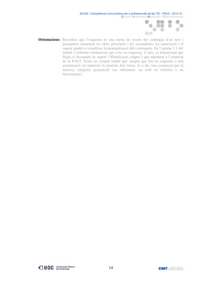 06.053 · Competència comunicativa per a professionals de les TIC · PAC2 · 2012-13 ·
· Estudis d’Informàtica Multimèdia i Telecomunicació

Orientacions: Recordeu que l’esquema és una mena de resum del contingut d’un text i
jerarquitza clarament les idees principals i les secundàries. La numeració i el
sagnat ajuden a visualitzar la jerarquització dels continguts. En l’apartat 1.1 del
mòdul 3 trobareu orientacions per a fer un esquema. A més, és fonamental que
llegiu el document de suport (“Planificacio_mapes”) que adjuntem a l’enunciat
de la PAC2. Teniu en compte també que sempre que feu un esquema o una
enumeració cal mantenir la simetria dels ítems, és a dir, tots comencen per la
mateixa categoria gramatical (un substantiu, un verb en infinitiu o un
determinant).

14

 