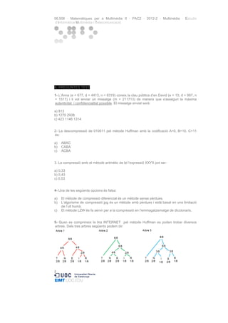 06.508 · Matemàtiques per a Multimèdia II · PAC2 · 2012-2 · Multimèdia · Estudis
d’Informàtica Multimèdia i Telecomunicació

A. PREGUNTES TEST
1- L’Anna (e = 677, d = 4413, n = 6319) coneix la clau pública d’en David (e = 13, d = 997, n
= 1517) i li vol enviar un missatge (m = 211713) de manera que s'asseguri la màxima
autenticitat i confidencialitat possible. El missatge enviat serà:
a) 813
b) 1270 2938
c) 423 1146 1314
2- La descompressió de 010011 pel mètode Huffman amb la codificació A=0, B=10, C=11
és:
a)
b)
c)

ABAC
CABA
ACBA

3. La compressió amb el mètode aritmètic de la l’expressió XXYX pot ser:
a) 0,33
b) 0,43
c) 0,53
4- Una de les següents opcions és falsa:
a)
b)
c)

El mètode de compressió diferencial és un mètode sense pèrdues.
L’algorisme de compressió jpg és un mètode amb pèrdues i està basat en una limitació
de l’ull humà.
El mètode LZW és fa servir per a la compressió en l’emmagatzematge de diccionaris.

5- Quan es comprimeix la tira INTERNET pel mètode Huffman es poden trobar diversos
arbres. Dels tres arbres següents podem dir:

2

 