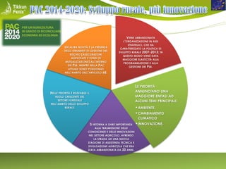 UN’ALTRA NOVITÀ È LA PRESENZA
DEGLI STRUMENTI DI GESTIONE DEL
RISCHIO (ASSICURAZIONI
AGEVOLATE E FONDI DI
MUTUALIZZAZIONE) ALL’INTERNO
DEI PSR, MENTRE NELLA PAC
ATTUALE SONO POSIZIONATI
NELL’AMBITO DELL’ARTICOLO 68.

VIENE ABBANDONATA
L’ORGANIZZAZIONE IN ASSI
STRATEGICI, CHE HA
CARATTERIZZATO LA POLITICA DI
SVILUPPO RURALE 2007-2013; IN
QUESTO MODO VIENE DATA
MAGGIORE ELASTICITÀ ALLA
PROGRAMMAZIONE E ALLA
GESTIONE DEI PSR.

LE PRIORITÀ
ANNUNCIANO UNA
MAGGIORE ENFASI AD
ALCUNI TEMI PRINCIPALI:

NELLE PRIORITÀ È RILEVABILE IL
RUOLO CRESCENTE DEL
SETTORE FORESTALE
NELL’AMBITO DELLO SVILUPPO
RURALE.

• AMBIENTE,
• CAMBIAMENTO
CLIMATICO
SI RITORNA A DARE IMPORTANZA

ALLA TRASMISSIONE DELLE
CONOSCENZE E DELLE INNOVAZIONI
NEL SETTORE AGRICOLO, APRENDO
LA STRADA AD UNA NUOVA
STAGIONE DI ASSISTENZA TECNICA E
DIVULGAZIONE AGRICOLA CHE ERA
STATA ABBANDONATA DA 20 ANNI.

• INNOVAZIONE.

 