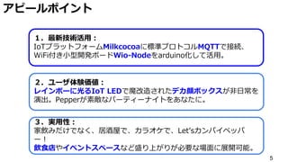 5
アピールポイント
１．最新技術活用：
IoTプラットフォームMilkcocoaに標準プロトコルMQTTで接続、
WiFi付き小型開発ボードWio-Nodeをarduino化して活用。
２．ユーザ体験価値：
レインボーに光るIoT LEDで魔改造されたデカ顔ボックスが非日常を
演出。Pepperが素敵なパーティーナイトをあなたに。
３．実用性：
家飲みだけでなく、居酒屋で、カラオケで、Let’sカンパイペッパ
ー！
飲食店やイベントスペースなど盛り上がりが必要な場面に展開可能。
 