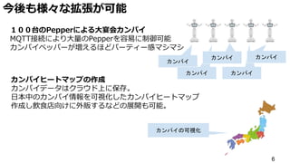 カンパイヒートマップの作成
カンパイデータはクラウド上に保存。
日本中のカンパイ情報を可視化したカンパイヒートマップ
作成し飲食店向けに外販するなどの展開も可能。
１００台のPepperによる大宴会カンパイ
MQTT接続により大量のPepperを容易に制御可能
カンパイペッパーが増えるほどパーティー感マシマシ
6
今後も様々な拡張が可能
カンパイの可視化
カンパイ
カンパイ
カンパイ
カンパイ
カンパイ
 