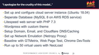 “I apologizefor the crudityofthis model...”
• Set up and configure cloud server instance (Ubuntu 18.04)
• Seperate Database (MySQL 8 on AWS RDS service)
• Litespeed web server with PHP 7.3
• Wordpress with custom theme
• Setup Domain, Email, and Cloudflare DNS/Caching
• Set up Network Emulation (Netropy Proxy)
• Baseline with GTMetrix, Web Page Test, Chrome DevTools
• Run up to 50 virtual users with NeoLoad
21
 