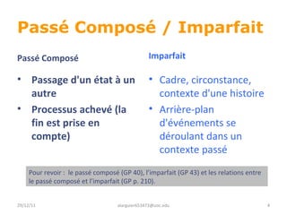 Passé Composé / Imparfait 29/12/11 [email_address]     Passage d'un état à un autre Processus achevé (la fin est prise en compte)  Cadre, circonstance, contexte d'une histoire  Arrière-plan d'événements se déroulant dans un contexte passé  Passé Composé Imparfait  Pour revoir :  le passé composé (GP 40), l’imparfait (GP 43) et les relations entre le passé composé et l’imparfait (GP p. 210). 