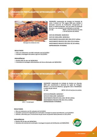 UNIDADE DE FERTILIZANTES NITROGENADOS – UFN III
Três Lagoas/MS

UNIDADE	
  DE	
  FERTILIZANTES	
  NITROGENADOS	
  –	
  UFN	
  III	
  	
  
Três	
  Lagoas/MS	
  

DESCRIÇÃO:	
   Implantação	
   de	
   Unidade	
   de	
   Produção	
   de	
  
ureia	
   e	
   amônia	
   em	
   Três	
   Lagoas	
   (MS)	
   para	
   atender	
   à	
  
demanda	
   crescente	
   de	
   fertlizantes	
   nitrogenados	
   no	
  
Brasil.	
  A	
  amônia	
  produzida	
   	
  terá	
  uso	
  catvo	
  na	
  produção	
  
de	
  ureia,	
  e	
  seu	
  excedente	
  será	
  ofertado	
  ao	
  mercado	
  
META:	
  1.223	
  mil	
  ton/ano	
  de	
  ureia	
  	
  
UF:	
  MS	
  
e	
  70	
  mil	
  ton/ano	
  de	
  amônia	
  
DATA	
  DE	
  OPERAÇÃO:	
  30/09/2014	
  
DATA	
  DE	
  CONCLUSÃO:	
  30/09/2014	
  
INVESTIMENTO	
  REALIZADO	
  2007-­‐2010:	
  R$	
  67	
  milhões	
  
Montagem	
  da	
  Unidade	
  de	
  Ureia	
  

INVESTIMENTO	
  PREVISTO	
  2011-­‐2014:	
  R$	
  4,0	
  bilhões	
  
INVESTIMENTO	
  PREVISTO	
  PÓS	
  2014:	
  R$	
  124	
  milhões	
  
EMPREENDEDOR:	
  PETROBRAS	
  

RESULTADOS	
  
Ø  Obra	
  em	
  andamento	
  com	
  64%	
  realizados	
  até	
  31/12/2013	
  
Ø  Iniciada	
  a	
  montagem	
  da	
  turbina	
  a	
  gás	
  em	
  13/12/2013	
  

PROVIDÊNCIAS	
  
Ø  Realizar	
  96%	
  da	
  obra	
  até	
  30/04/2014	
  
Ø  Conclusão	
  da	
  montagem	
  eletromecânica	
  do	
  forno	
  reformador	
  até	
  28/02/2014

UNIDADE DE FERTILIZANTES NITROGENADOS – UFN V
Uberaba/MG

UNIDADE	
  DE	
  FERTILIZANTES	
  NITROGENADOS	
  –	
  UFN	
  V	
  
	
  Uberaba/MG	
  

DESCRIÇÃO:	
   Implantação	
   de	
   Unidade	
   de	
   Amônia	
   em	
   Uberaba	
  
(MG)	
   para	
   atendimento	
   à	
   demanda	
   da	
   região	
   do	
   Triângulo	
  
Mineiro	
  e	
  sua	
  área	
  de	
  inﬂuência,	
  agregando	
  valor	
  e	
  ﬂexibilidade	
  
à	
  cadeia	
  de	
  gás	
  natural	
  
META:	
  519	
  mil	
  ton/ano	
  de	
  amônia	
  
UF:	
  MG	
  

UFN	
  V	
  –	
  Terraplenagem	
  

DATA	
  DE	
  OPERAÇÃO:	
  30/04/2017	
  
DATA	
  DE	
  CONCLUSÃO:	
  30/04/2017	
  
INVESTIMENTO	
  PREVISTO	
  2011-­‐2014:	
  R$	
  422	
  milhões	
  
INVESTIMENTO	
  PREVISTO	
  PÓS	
  2014:	
  R$	
  1,5	
  bilhão	
  
EMPREENDEDOR:	
  PETROBRAS	
  

RESULTADOS	
  
Ø  Obra	
  em	
  andamento	
  com	
  6%	
  realizados	
  até	
  31/12/2013	
  
Ø  Concluído	
  o	
  processo	
  de	
  negociação	
  para	
  construção	
  e	
  montagem	
  da	
  planta	
  de	
  fertlizantes	
  	
  em	
  31/10/2013	
  
Ø  Deﬁnida	
  a	
  alternatva	
  para	
  o	
  fornecimento	
  de	
  gás	
  através	
  do	
  gasoduto	
  Betm/Uberaba	
  em	
  29/11/2013	
  

PROVIDÊNCIAS	
  
Ø  Realizar	
  8%	
  da	
  obra	
  até	
  30/04/2014	
  
Ø  Assinatura	
  do	
  contrato	
  de	
  construção	
  e	
  montagem	
  da	
  planta	
  de	
  fertlizantes	
  até	
  28/02/2014	
  

05 | EiXo energia

99

 