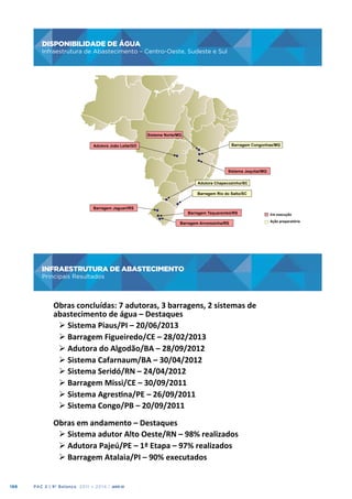 DISPONIBILIDADE DE ÁGUA
Infraestrutura de Abastecimento – Centro-Oeste, Sudeste e Sul

DISPONIBILIDADE	
  DE	
  ÁGUA	
  

Infraestrutura	
  de	
  Abastecimento	
  –	
  Centro-­‐Oeste,	
  Sudeste	
  e	
  Sul	
  

Sistema Norte/MG
Barragem Congonhas/MG

Adutora João Leite/GO

Sistema Jequitaí/MG
Adutora Chapecozinho/SC
Barragem Rio do Salto/SC
	
  

Barragem Jaguari/RS

Barragem Taquarembó/RS
Barragem Arvorezinha/RS

Em	
  execução	
  
Ação	
  preparatória	
  

INFRAESTRUTURA DE ABASTECIMENTO
Principais Resultados

INFRAESTRUTURA	
  DE	
  ABASTECIMENTO	
  
Principais	
  Resultados	
  

Obras	
  concluídas:	
  7	
  adutoras,	
  3	
  barragens,	
  2	
  sistemas	
  de	
  
abastecimento	
  de	
  água	
  –	
  Destaques	
  	
  
Ø 	
  Sistema	
  Piaus/PI	
  –	
  20/06/2013	
  
Ø 	
  Barragem	
  Figueiredo/CE	
  –	
  28/02/2013	
  
Ø 	
  Adutora	
  do	
  Algodão/BA	
  –	
  28/09/2012	
  
Ø 	
  Sistema	
  Cafarnaum/BA	
  –	
  30/04/2012	
  
Ø 	
  Sistema	
  Seridó/RN	
  –	
  24/04/2012	
  	
  
Ø 	
  Barragem	
  Missi/CE	
  –	
  30/09/2011	
  
Ø 	
  Sistema	
  Agresjna/PE	
  –	
  26/09/2011	
  
Ø 	
  Sistema	
  Congo/PB	
  –	
  20/09/2011	
  
Obras	
  em	
  andamento	
  –	
  Destaques	
  
Ø 	
  Sistema	
  adutor	
  Alto	
  Oeste/RN	
  –	
  98%	
  realizados	
  
Ø 	
  Adutora	
  Pajeú/PE	
  –	
  1ª	
  Etapa	
  –	
  97%	
  realizados	
  
Ø 	
  Barragem	
  Atalaia/PI	
  –	
  90%	
  executados	
  
186

PAC 2 | 9º Balanço 2011 » 2014 | ANO III

 