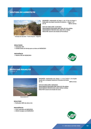ADUTORA DO AGRESTE/PE

ADUTORA	
  DO	
  AGRESTE/PE	
  
DESCRIÇÃO:	
   Implantação	
   da	
   Etapa	
   I	
   e	
   da	
   1ª	
   fase	
   da	
   Etapa	
   II.	
  
Elaboração	
  do	
  projeto	
  execujvo	
  da	
  Adutora	
  –	
  Etapas	
  I	
  a	
  IV	
  
UF:	
  PE
	
  
	
  	
  
	
  	
  	
  	
  	
  	
  	
  	
  	
  	
  	
  	
  	
  	
  	
  	
  	
  	
  	
  	
  	
  	
  	
  	
  	
  	
  	
  	
  	
  	
  	
  	
  	
  	
  	
  	
  	
  	
  	
  	
  	
  	
  	
  	
  	
  META:	
  419	
  km	
  
	
  
DATA	
  DE	
  CONCLUSÃO:	
  31/07/2015	
  
INVESTIMENTO	
  REALIZADO	
  2007-­‐2010:	
  R$	
  12,8	
  milhões	
  
INVESTIMENTO	
  PREVISTO	
  2011-­‐2014:	
  R$	
  1,1	
  bilhão	
  
EXECUTOR:	
  Governo	
  do	
  Estado	
  de	
  Pernambuco	
  

Instalação	
  dos	
  Pipe	
  Rack	
  –	
  Trecho	
  Pesqueira	
  -­‐	
  Alagoinha	
  

RESULTADOS	
  

Ø Realizados	
  10%	
  
Ø Emijda	
  Ordem	
  de	
  Serviço	
  para	
  as	
  obras	
  em	
  04/06/2013	
  

	
  
	
  
PROVIDÊNCIA	
  

Ø Realizar	
  20%	
  até	
  30/04/2014	
  

	
  

EIXÃO DAS ÁGUAS/CE
Trecho V

EIXÃO	
  DAS	
  ÁGUAS/CE	
  
Trecho	
  V	
  

DESCRIÇÃO:	
   Implantação	
   das	
   Etapas	
   I	
   e	
   II	
   do	
   Trecho	
   V,	
   do	
   Açude	
  
Gavião	
  até	
  o	
  Complexo	
  Industrial	
  e	
  Portuário	
  de	
  Pecém	
  
UF:	
  CE
	
  
	
  	
  	
  	
  	
  	
  	
  	
  	
  	
  	
  	
  	
  	
  	
  	
  	
  	
  	
  	
  	
  	
  	
  	
  	
  	
  	
  	
  	
  	
  	
  	
  	
  	
  	
  	
  	
  	
  	
  	
  	
  	
  	
  	
  	
  	
  	
  	
  	
  	
  	
  	
  	
  	
  	
  	
  	
  	
  	
  	
  	
  	
  	
  	
  	
  	
  	
  	
  	
  	
  	
  META:	
  55	
  km	
  
	
  
DATA	
  DE	
  CONCLUSÃO:	
  30/04/2014	
  
INVESTIMENTO	
  REALIZADO	
  2007-­‐2010:	
  R$	
  178	
  milhões	
  
INVESTIMENTO	
  PREVISTO	
  2011-­‐2014:	
  R$	
  96,2	
  milhões	
  
EXECUTOR:	
  Governo	
  do	
  Estado	
  do	
  Ceará	
  

Reservatório	
  R-­‐3	
  

RESULTADO	
  

Ø  Realizados	
  100%	
  das	
  obras	
  civis	
  
	
  
	
  

PROVIDÊNCIAS	
  

Ø  Iniciar	
  operação	
  até	
  28/02/2014	
  
Ø  COELCE	
  energizar	
  até	
  30/04/2014	
  

09 | EiXo água e luz para todos

189

 