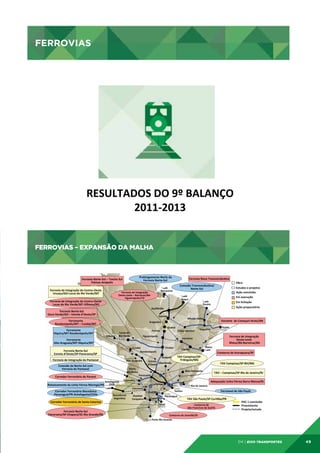 FERROVIAS

FERROVIAS	
  

RESULTADOS	
  DO	
  9º	
  BALANÇO
	
  
2011-­‐2013
	
  
FERROVIAS – EXPANSÃO DA MALHA

04 | EiXo transportes

49

 