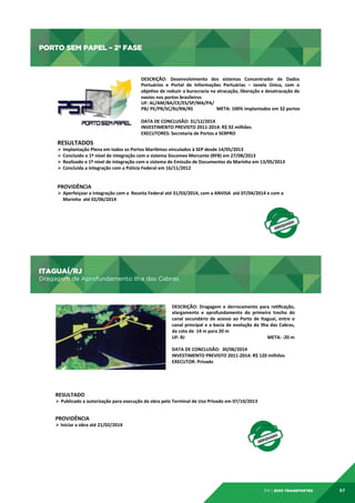 PORTO SEM PAPEL – 2ª FASE

PORTO	
  SEM	
  PAPEL	
  –	
  2ª	
  FASE	
  	
  
DESCRIÇÃO:	
   Desenvolvimento	
   dos	
   sistemas	
   Concentrador	
   de	
   Dados	
  
Portuários	
   e	
   Portal	
   de	
   Informações	
   Portuárias	
   –	
   Janela	
   Única,	
   com	
   o	
  
objedvo	
   de	
   reduzir	
   a	
   burocracia	
   na	
   atracação,	
   liberação	
   e	
   desatracação	
   de	
  
navios	
  nos	
  portos	
  brasileiros	
  
UF:	
  AL/AM/BA/CE/ES/SP/MA/PA/
META:	
  100%	
  implantados	
  em	
  32	
  portos	
  
PB/	
  PE/PR/SC/RJ/RN/RS	
  
DATA	
  DE	
  CONCLUSÃO:	
  31/12/2014	
  
INVESTIMENTO	
  PREVISTO	
  2011-­‐2014:	
  R$	
  92	
  milhões	
  
EXECUTORES:	
  Secretaria	
  de	
  Portos	
  e	
  SERPRO	
  

RESULTADOS	
  

Ø  Implantação	
  Plena	
  em	
  todos	
  os	
  Portos	
  Marídmos	
  vinculados	
  à	
  SEP	
  desde	
  14/05/2013	
  
Ø  Concluído	
  o	
  1º	
  nível	
  de	
  integração	
  com	
  o	
  sistema	
  Siscomex	
  Mercante	
  (RFB)	
  em	
  27/08/2013	
  
Ø  Realizado	
  o	
  1º	
  nível	
  de	
  integração	
  com	
  o	
  sistema	
  de	
  Emissão	
  de	
  Documentos	
  da	
  Marinha	
  em	
  13/05/2013	
  
Ø  Concluída	
  a	
  integração	
  com	
  a	
  Polícia	
  Federal	
  em	
  16/11/2012	
  
	
  

PROVIDÊNCIA	
  
Ø  Aperfeiçoar	
  a	
  integração	
  com	
  a	
  	
  Receita	
  Federal	
  até	
  31/03/2014,	
  com	
  a	
  ANVISA	
  	
  até	
  07/04/2014	
  e	
  com	
  a	
  
Marinha	
  	
  até	
  02/06/2014	
  

ITAGUAÍ/RJ

ITAGUAÍ/RJ	
  	
  

Dragagem de Aprofundamento Ilha das Cabras

Dragagem	
  de	
  Aprofundamento	
  Ilha	
  das	
  Cabras	
  
DESCRIÇÃO:	
   Dragagem	
   e	
   derrocamento	
   para	
   redﬁcação,	
  
alargamento	
   e	
   aprofundamento	
   do	
   primeiro	
   trecho	
   do	
  
canal	
   secundário	
   de	
   acesso	
   ao	
   Porto	
   de	
   Itaguaí,	
   entre	
   o	
  
canal	
   principal	
   e	
   a	
   bacia	
   de	
   evolução	
   da	
   Ilha	
   das	
   Cabras,	
  
da	
  cota	
  de	
  	
  14	
  m	
  para	
  20	
  m	
  
UF:	
  RJ	
  	
  	
  	
  	
  	
  	
  	
  	
  	
  	
  	
  	
  	
  	
  	
  	
  	
  	
  	
  	
  	
  	
  	
  	
  	
  	
  	
  	
  	
  	
  	
  	
  	
  	
  
	
  	
  	
  	
  	
  	
  	
  	
  	
  	
  	
  	
  	
  	
  	
  	
  	
  	
  	
  	
  	
  	
  	
  	
  	
  	
  	
  META:	
  -­‐20	
  m	
  	
  
	
  
DATA	
  DE	
  CONCLUSÃO:	
  	
  30/06/2014	
  
INVESTIMENTO	
  PREVISTO	
  2011-­‐2014:	
  R$	
  120	
  milhões	
  
EXECUTOR:	
  Privado	
  

RESULTADO	
  

Ø  Publicado	
  a	
  autorização	
  para	
  execução	
  da	
  obra	
  pelo	
  Terminal	
  de	
  Uso	
  Privado	
  em	
  07/10/2013	
  
	
  

PROVIDÊNCIA	
  
Ø Iniciar	
  a	
  obra	
  até	
  21/02/2014	
  

04 | EiXo transportes

57

 