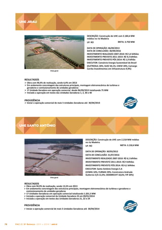 UHE JIRAU

UHE	
  JIRAU
	
  
DESCRIÇÃO:	
  Construção	
  de	
  UHE	
  com	
  2.184,6	
  MW	
  
médios	
  no	
  rio	
  Madeira	
  
META:	
  3.750	
  MW	
  
UF:	
  RO	
  

Vista	
  geral	
  

DATA	
  DE	
  OPERAÇÃO:	
  06/09/2013	
  
DATA	
  DE	
  CONCLUSÃO:	
  30/09/2016	
  
INVESTIMENTO	
  REALIZADO	
  2007-­‐2010:	
  R$	
  5,4	
  bilhões	
  
INVESTIMENTO	
  PREVISTO	
  2011-­‐2014:	
  R$	
  9,3	
  bilhões	
  
INVESTIMENTO	
  PREVISTO	
  PÓS	
  2014:	
  R$	
  1,9	
  bilhão	
  
EXECUTOR:	
  Consórcio	
  Energia	
  Sustentável	
  do	
  Brasil	
  
(ELETROSUL	
  20%;	
  SUEZ	
  50,1%;	
  CHESF	
  20%;	
  Camargo	
  
Corrêa	
  Investmentos	
  em	
  Infraestrutura	
  9,9%)	
  

RESULTADOS	
  

Ø  Obra	
  com	
  90,4%	
  de	
  realização,	
  sendo	
  6,4%	
  em	
  2013	
  
Ø  Em	
  andamento	
  concretagem	
  das	
  estruturas	
  principais,	
  montagem	
  eletromecânica	
  de	
  turbinas	
  e	
  
geradores	
  e	
  comissionamento	
  de	
  unidades	
  geradoras	
  
Ø  1ª	
  Unidade	
  Geradora	
  em	
  operação	
  comercial	
  	
  desde	
  06/09/2013	
  totalizando	
  75	
  MW	
  
Ø  Iniciada	
  a	
  operação	
  em	
  testes	
  das	
  Unidades	
  Geradoras	
  1,	
  2,	
  30	
  e	
  40	
  

PROVIDÊNCIA	
  

Ø Iniciar	
  a	
  operação	
  comercial	
  de	
  mais	
  5	
  Unidades	
  Geradoras	
  até	
  	
  30/04/2014	
  

UHE SANTO ANTÔNIO

UHE	
  SANTO	
  ANTÔNIO
	
  
DESCRIÇÃO:	
  Construção	
  de	
  UHE	
  com	
  2.218	
  MW	
  médios	
  
no	
  rio	
  Madeira	
  	
  	
  	
  	
  	
  	
  	
  	
  	
  	
  	
  	
  	
  	
  	
  	
  	
  	
  	
  	
  	
  	
  	
  	
  	
  	
  	
  	
  	
  	
  	
  	
  	
  	
  	
  	
  	
  	
  	
  	
  	
  	
  	
  	
  	
  	
  	
  	
  	
  	
  	
  	
  	
  	
  	
  	
  	
  	
  	
  	
  
META:	
  3.150,4	
  MW	
  
UF:	
  RO	
  
DATA	
  DE	
  OPERAÇÃO:	
  30/03/2012	
  
DATA	
  DE	
  CONCLUSÃO:	
  31/07/2016	
  
INVESTIMENTO	
  REALIZADO	
  2007-­‐2010:	
  R$	
  6,1	
  bilhões	
  
INVESTIMENTO	
  PREVISTO	
  2011-­‐2014:	
  R$	
  9	
  bilhões	
  
INVESTIMENTO	
  PREVISTO	
  PÓS	
  2014:	
  R$	
  4,1	
  bilhões	
  
EXECUTOR:	
  Santo	
  Antônio	
  Energia	
  S.A	
  	
  
(CEMIG	
  10%;	
  FURNAS	
  39%;	
  Construtora	
  Andrade	
  
Guterrez	
  S/A	
  12,4%;	
  ODEBRECHT	
  18,6%;	
  FIP	
  20%)	
  

Vista	
  geral	
  

RESULTADOS	
  

Ø Obra	
  com	
  94,9%	
  de	
  realização,	
  sendo	
  13,5%	
  em	
  2013	
  
Ø Em	
  andamento	
  concretagem	
  das	
  estruturas	
  principais,	
  montagem	
  eletromecânica	
  de	
  turbinas	
  e	
  geradores	
  e	
  
comissionamento	
  de	
  unidades	
  geradoras	
  	
  
Ø 17	
  Unidades	
  Geradoras	
  em	
  operação	
  comercial	
  totalizando	
  1.201,5	
  MW	
  
Ø Iniciada	
  a	
  operação	
  comercial	
  da	
  Unidade	
  Geradora	
  23	
  em	
  09/01/2014	
  
Ø Iniciada	
  a	
  operação	
  em	
  testes	
  das	
  Unidades	
  Geradoras	
  21,	
  22	
  e	
  24	
  

PROVIDÊNCIA	
  
Ø Iniciar	
  a	
  operação	
  comercial	
  de	
  mais	
  5	
  Unidades	
  Geradoras	
  até	
  	
  30/04/2014	
  

76

PAC 2 | 9º Balanço 2011 » 2014 | ANO III

 
