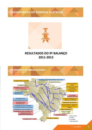 TRANSMISSÃO DE ENERGIA ELÉTRICA

TRANSMISSÃO	
  DE	
  ENERGIA	
  ELÉTRICA	
  

RESULTADOS	
  DO	
  9º	
  BALANÇO
	
  
2011-­‐2013
	
  

TRANSMISSÃO DE ENERGIA ELÉTRICA
Grandes Interligações

TRANSMISSÃO	
  DE	
  ENERGIA	
  ELÉTRICA	
  
	
  Grandes	
  Interligações	
  

Interligação	
  Manaus-­‐Boa	
  Vista	
  

	
  Interligação	
  Tucuruí-­‐Macapá-­‐Manaus	
  Lotes	
  A,	
  B	
  e	
  C	
  
Interligação	
  Belo	
  Monte	
  
Tucuruí	
  II-­‐Itacaiúnas-­‐	
  
Colinas	
  

Interligação	
  Tapajós	
  -­‐	
  SE	
  

Presidente	
  Dutra-­‐Sobral	
  
III	
  -­‐Teresina	
  II	
  

Interligação	
  Teles	
  Pires	
  C1	
  e	
  C2	
  	
  
Paranaíta-­‐Ribeirãozinho	
  

Xingu-­‐Parauapebas-­‐
Miracema	
  	
  

Interligação	
  Teles	
  Pires	
  C3	
  	
  	
  	
  
	
  Interligação	
  N-­‐CO	
  	
  
Vilhena-­‐Samuel	
  

Luiz	
  Gonzaga-­‐
Garanhuns-­‐Pau	
  Ferro	
  

	
  Interligação	
  N-­‐CO	
  III	
  	
  
Rio	
  Branco-­‐Abunã-­‐Porto	
  Velho	
  

S.	
  João	
  do	
  Piauí-­‐Milagres	
  	
  C2	
  e	
  	
  
Milagres	
  II-­‐Luiz	
  Gonzaga	
  

	
  Interligação	
  N-­‐CO	
  III	
  	
  
Porto	
  Velho-­‐Jauru	
  

Guibués-­‐São	
  João	
  do	
  Piauí	
  II	
  
Miracema-­‐Gilbués	
  II-­‐	
  Barreiras	
  II-­‐
Bom	
  Jesus	
  da	
  Lapa	
  II-­‐Ibicoara-­‐
Sapeaçu	
  

Interligação	
  das	
  Usinas	
  do	
  Madeira	
  	
  
LT	
  Cuiabá-­‐Ribeirãozinho-­‐Rio	
  Verde	
  Norte	
  
Interligação	
  das	
  Usinas	
  do	
  Madeira	
  	
  C1	
  

Pirapora	
  II-­‐Barreiras	
  II	
  

Interligação	
  das	
  Usinas	
  do	
  Madeira	
  	
  C2	
  

Reforços	
  na	
  Região	
  	
  
Sudeste	
  –	
  500kV	
  

Interligação	
  Teles	
  Pires	
  
Ribeirãozinho-­‐Marimbondo	
  II	
  

Interligação	
  Brasil	
  -­‐	
  Uruguai	
  

Taubaté-­‐Nova	
  Iguaçu	
  
Araraquara	
  2-­‐Taubaté	
  

	
  
Ação	
  concluída	
  	
  	
  	
  	
  
Em	
  obra	
  	
  
Em	
  licitação	
  
Ação	
  preparatória	
  

05 | EiXo energia

83

 