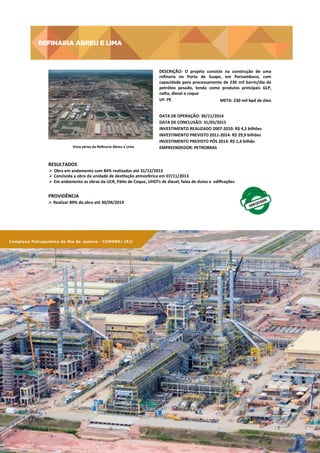 REFINARIA ABREU E LIMA

REFINARIA	
  ABREU	
  E	
  LIMA	
  
DESCRIÇÃO:	
   O	
   projeto	
   consiste	
   na	
   construção	
   de	
   uma	
  
reﬁnaria	
   no	
   Porto	
   de	
   Suape,	
   em	
   Pernambuco,	
   com	
  
capacidade	
   para	
   processamento	
   de	
   230	
   mil	
   barris/dia	
   de	
  
petróleo	
   pesado,	
   tendo	
   como	
   produtos	
   principais	
   GLP,	
  
naàa,	
  diesel	
  e	
  coque	
  
	
   PE	
  
UF:	
  
META:	
  230	
  mil	
  bpd	
  de	
  óleo	
  

Vista	
  aérea	
  da	
  Reﬁnaria	
  Abreu	
  e	
  Lima	
  

DATA	
  DE	
  OPERAÇÃO:	
  30/11/2014	
  
DATA	
  DE	
  CONCLUSÃO:	
  31/05/2015	
  
INVESTIMENTO	
  REALIZADO	
  2007-­‐2010:	
  R$	
  4,5	
  bilhões	
  
INVESTIMENTO	
  PREVISTO	
  2011-­‐2014:	
  R$	
  29,9	
  bilhões	
  
INVESTIMENTO	
  PREVISTO	
  PÓS	
  2014:	
  R$	
  1,4	
  bilhão	
  
EMPREENDEDOR:	
  PETROBRAS	
  	
  

RESULTADOS	
  
Ø  Obra	
  em	
  andamento	
  com	
  84%	
  realizados	
  até	
  31/12/2013	
  
Ø  Concluída	
  a	
  obra	
  da	
  unidade	
  de	
  destlação	
  atmosférica	
  em	
  07/11/2013	
  
Ø  Em	
  andamento	
  as	
  obras	
  da	
  UCR,	
  Páto	
  de	
  Coque,	
  UHDTs	
  de	
  diesel,	
  faixa	
  de	
  dutos	
  e	
  	
  ediﬁcações	
  

PROVIDÊNCIA	
  
Ø  Realizar	
  89%	
  da	
  obra	
  até	
  30/04/2014	
  

Complexo Petroquímico do Rio de Janeiro - COMPERJ (RJ)

96

PAC 2 | 9º Balanço 2011 » 2014 | ANO III

 
