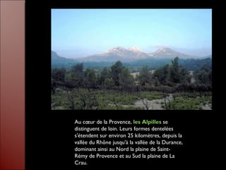 Au cœur de la Provence,  les Alpilles   se distinguent de loin. Leurs formes dentelées s'étendent sur environ 25 kilomètres, depuis la vallée du Rhône jusqu'à la vallée de la Durance, dominant ainsi au Nord la plaine de Saint-Rémy de Provence et au Sud la plaine de La Crau. 